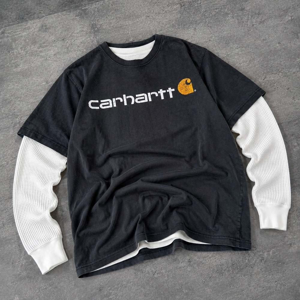 Y2K 2000's 00's Carhartt Black Logo Short Sleeve Faded Black T-Shirt